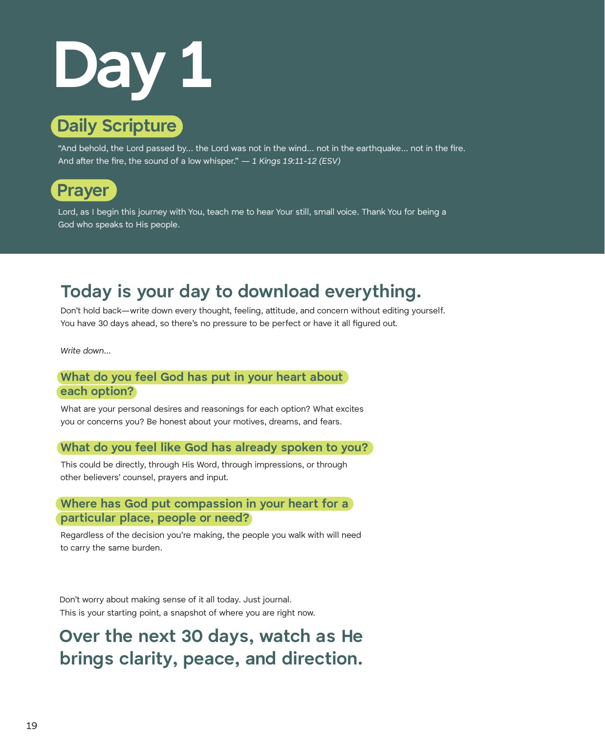 Day 1 page with daily scripture and journaling prompts